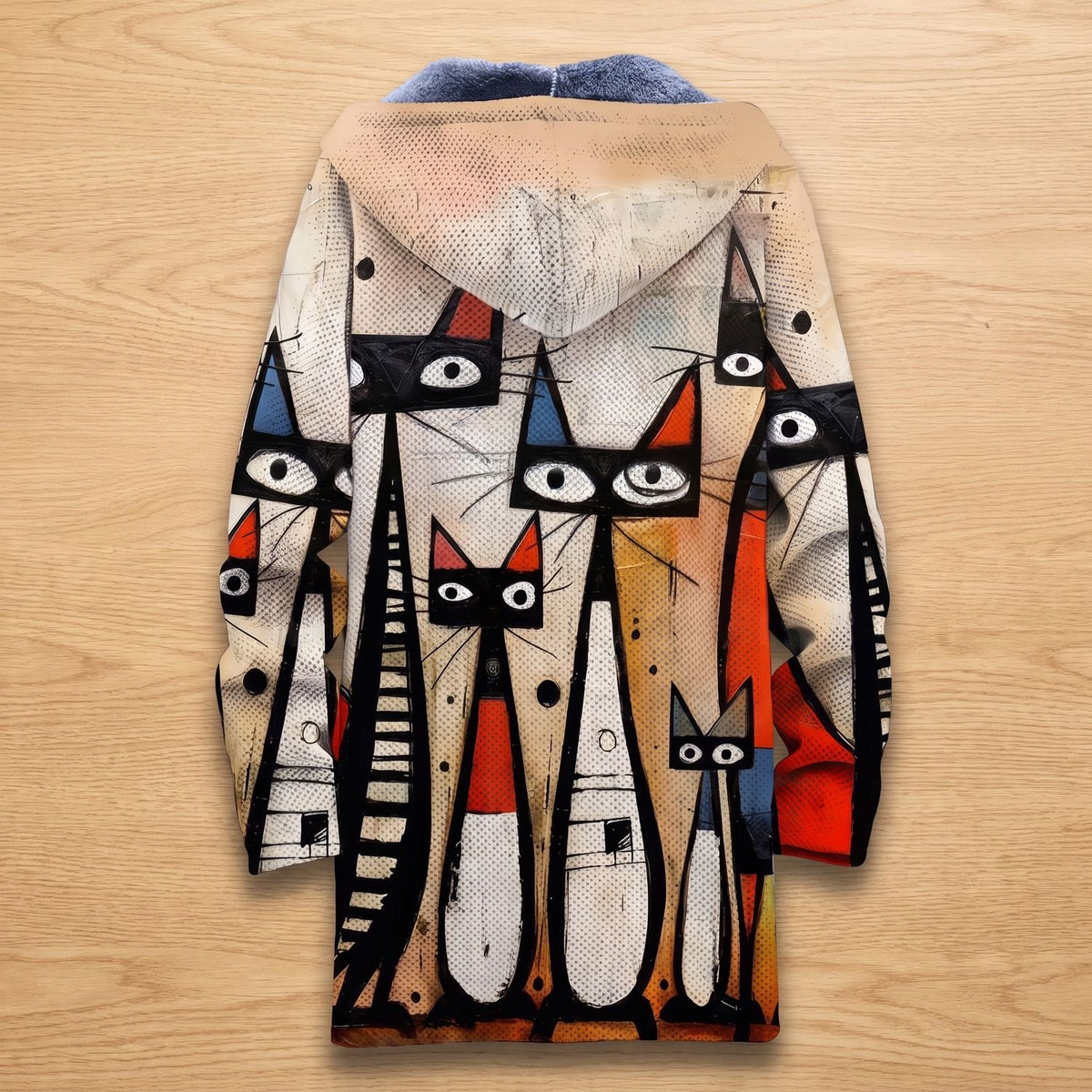 Women's Fleece-Lined Hooded Abstract Cat Print Open-Front Cardigan