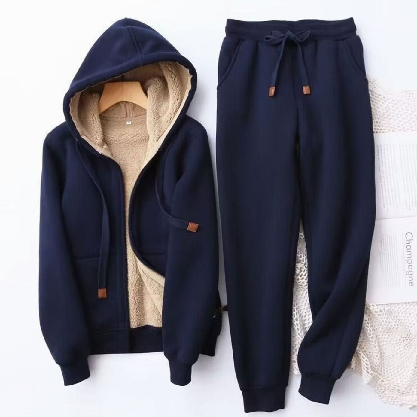 Women's Fleece-Lined Winter Hoodie Jogger Tracksuit Set - Blue