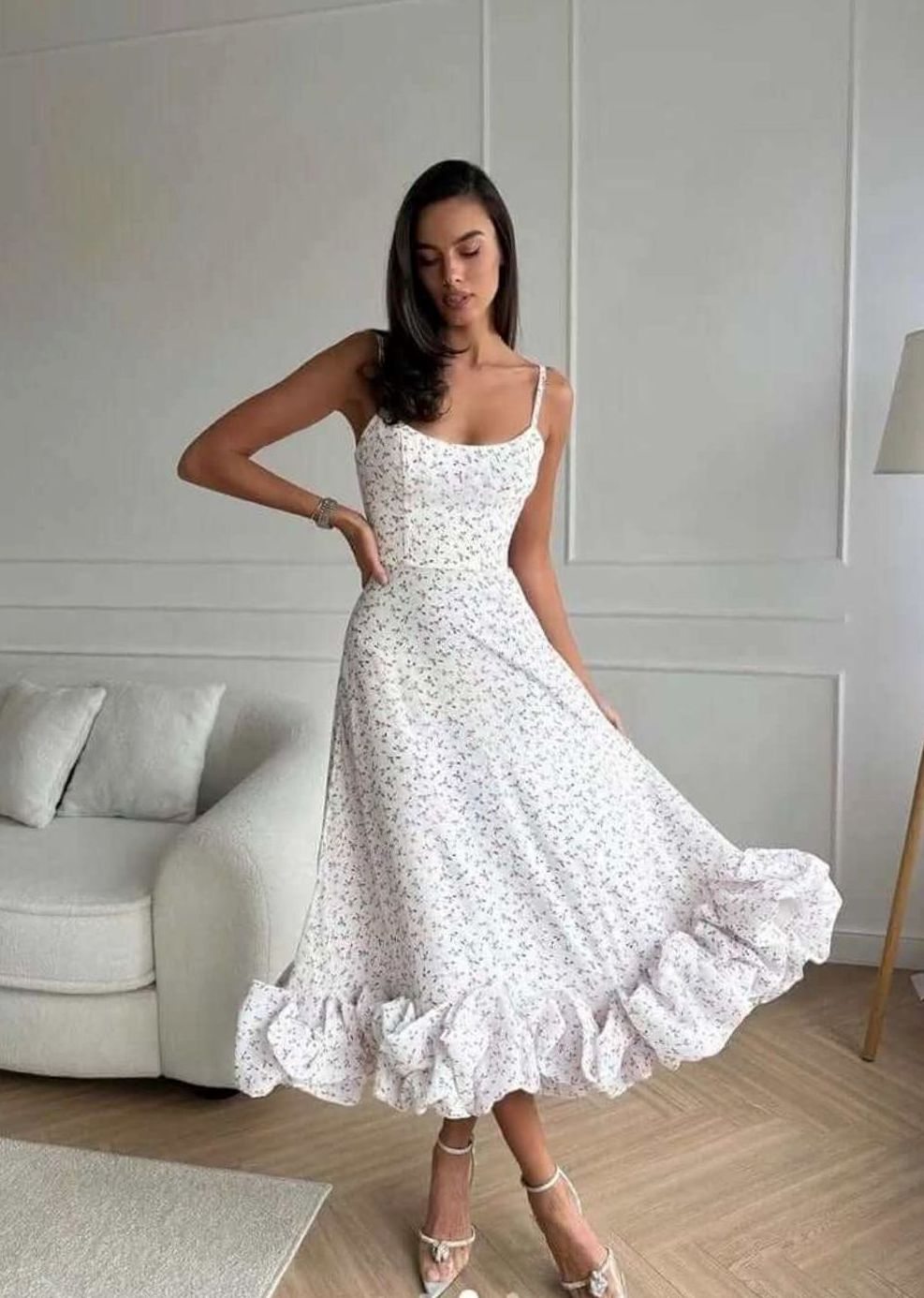 Women's Floral A-Line Midi Dress Spaghetti Strap Ruffle Hem