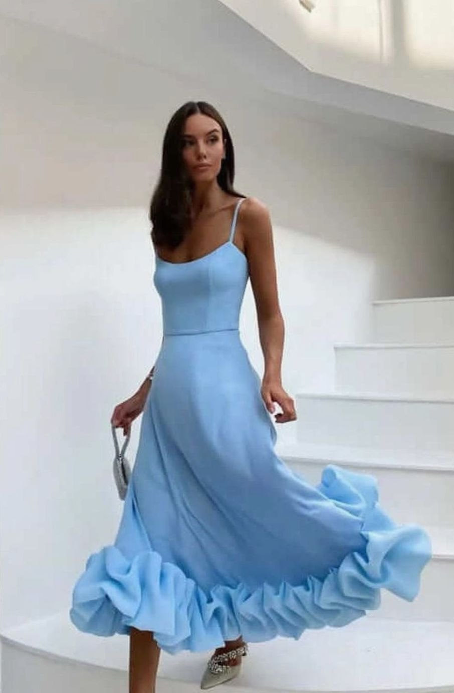 Women's Floral A-Line Midi Dress Spaghetti Strap Ruffle Hem - Blue