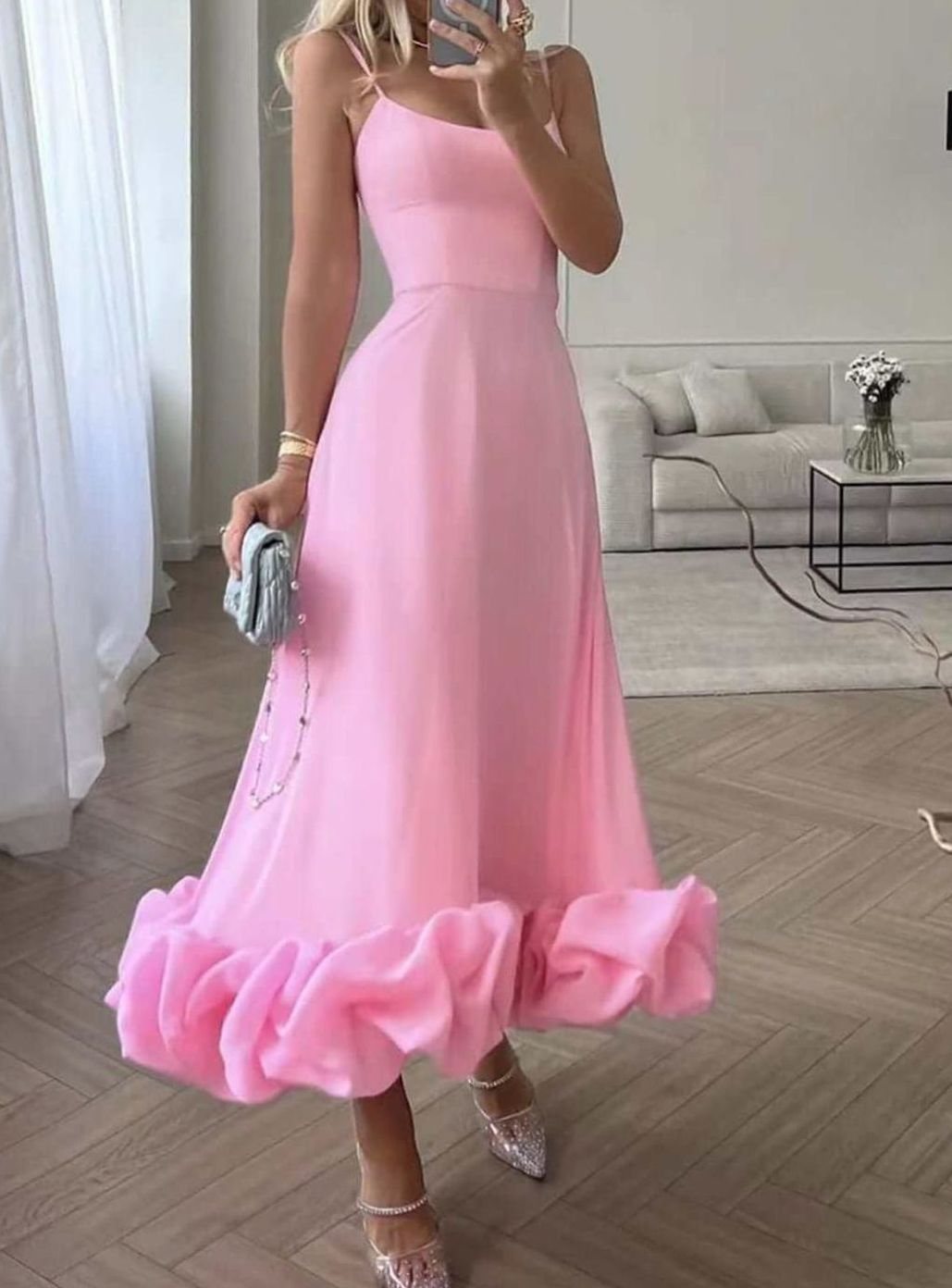 Women's Floral A-Line Midi Dress Spaghetti Strap Ruffle Hem - Pink