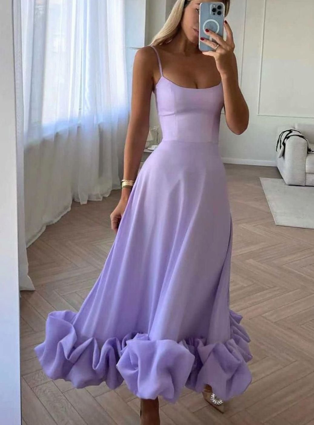 Women's Floral A-Line Midi Dress Spaghetti Strap Ruffle Hem - Purple