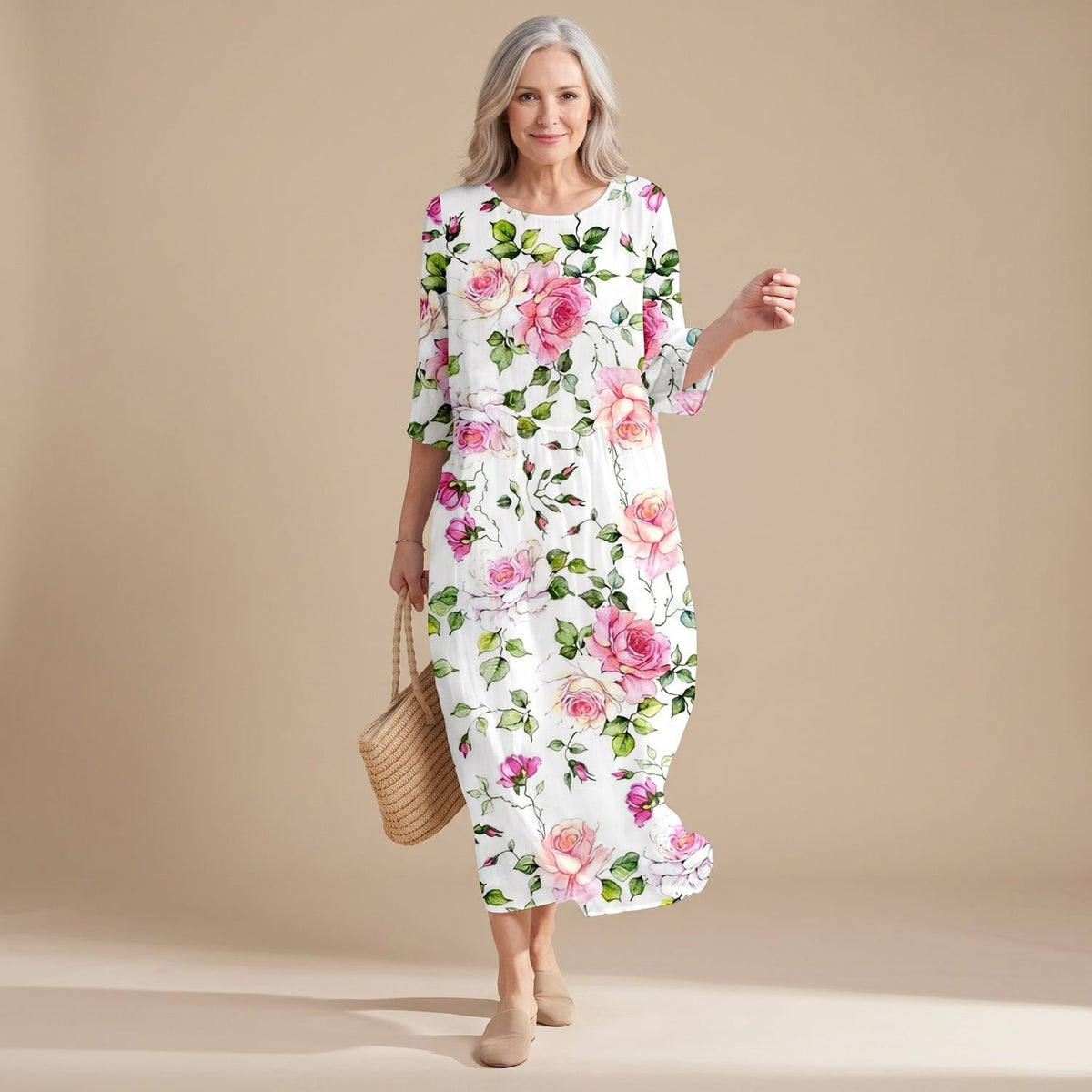 Women's Floral A-Line Midi Dress with 3/4 Sleeves - Floral