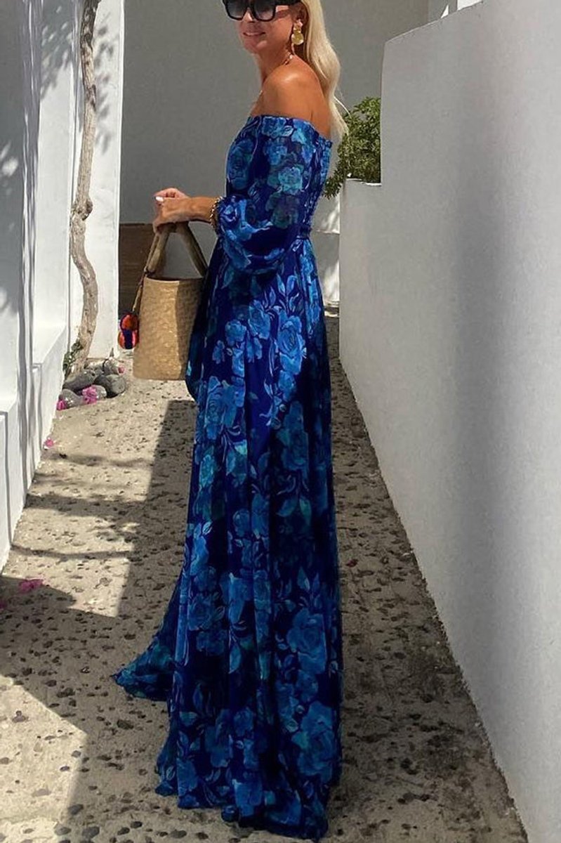Women's Floral Bardot Maxi Mother of the Bride Dress Long Sleeve A-Line