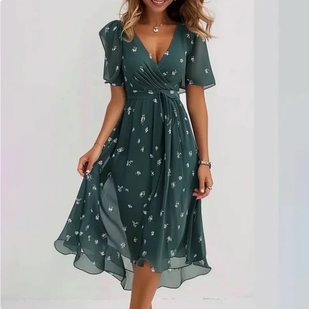 Women's Floral Chiffon Flutter-Sleeve V-Neck Wrap Midi Dress - Groen