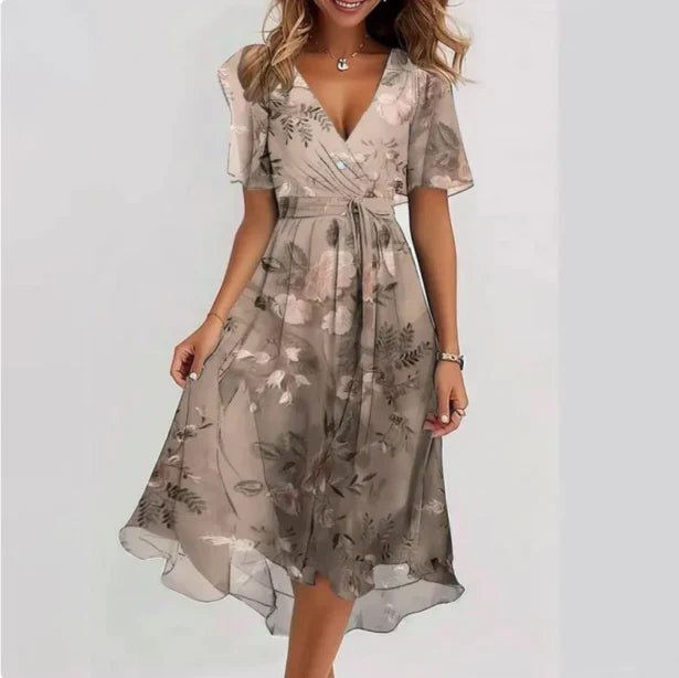Women's Floral Chiffon Flutter-Sleeve V-Neck Wrap Midi Dress - Beige