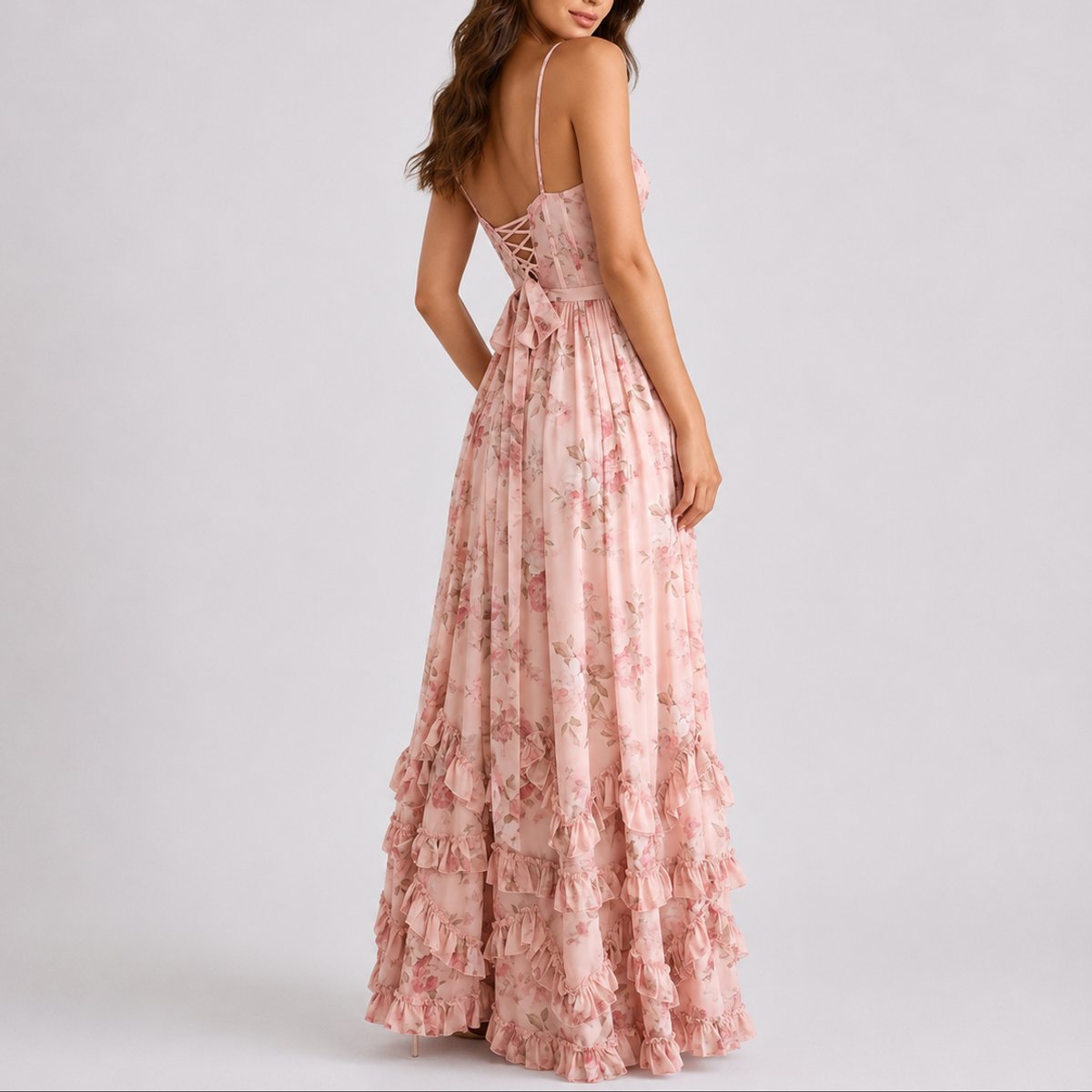 Women's Floral Corset-Bodice Ruffle-Hem Maxi Dress