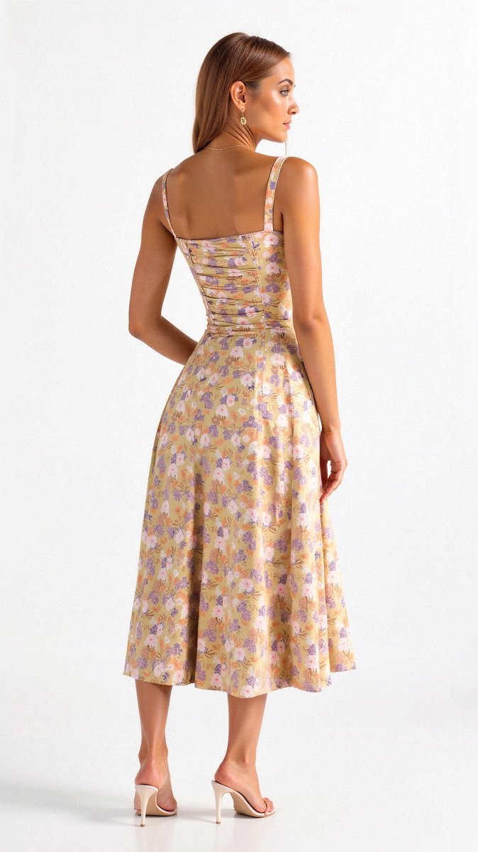 Women's Floral Corset Midi Dress Satin Bustier A-Line