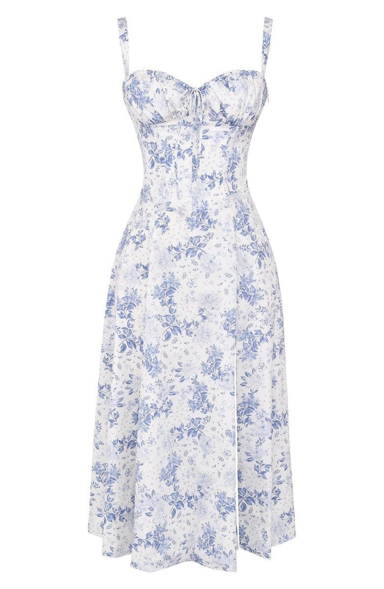 Women's Floral Corset Midi Dress Satin Bustier A-Line