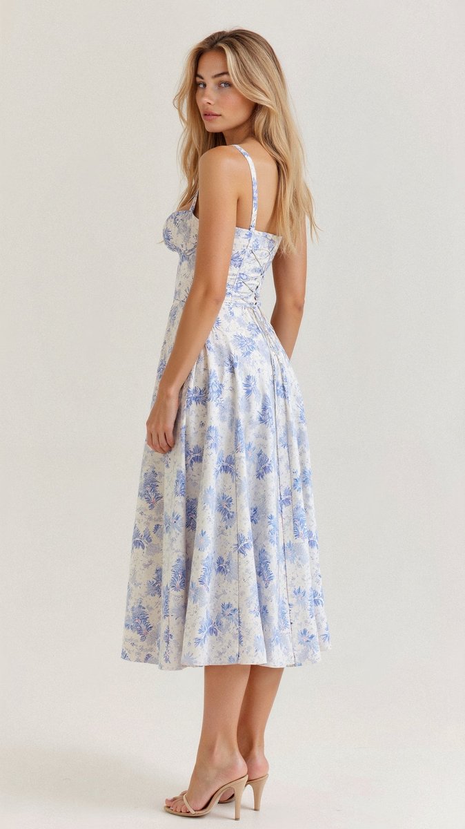 Women's Floral Corset Midi Dress Satin Bustier A-Line
