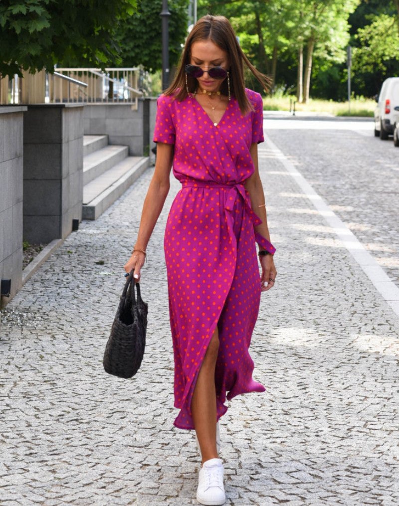 Women's Floral Cotton Wrap V-Neck Tie-Waist Midi Dress - Fuschia
