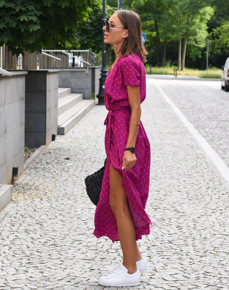 Women's Floral Cotton Wrap V-Neck Tie-Waist Midi Dress