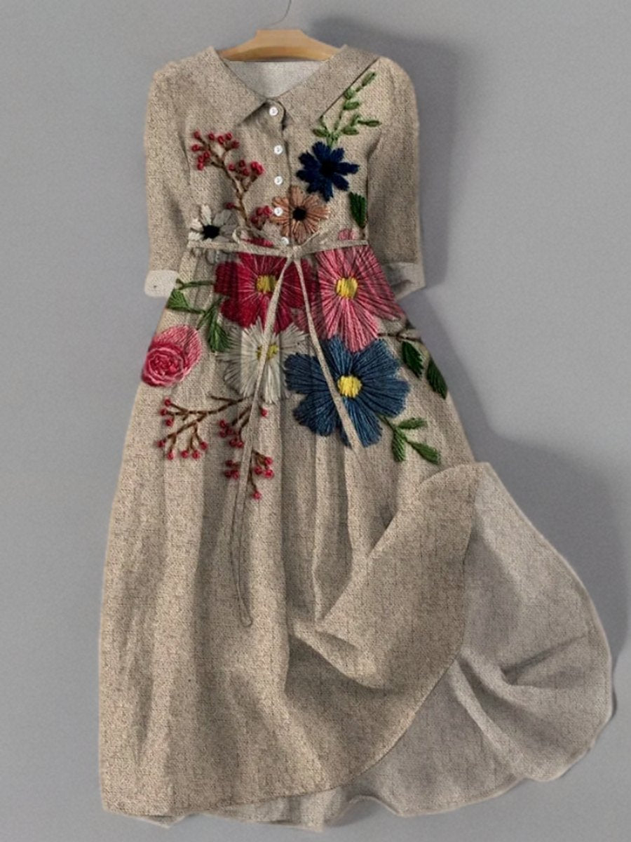 Women's Floral Embroidered Belted Midi Long Sleeve Dress - As Pictured