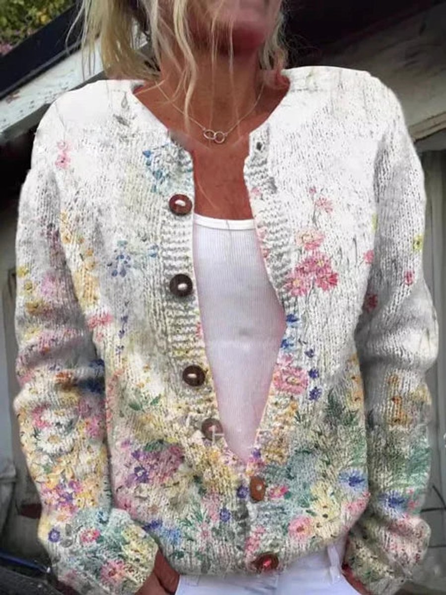 Women's Floral Embroidered Button-Up Knit Cardigan - Style 4