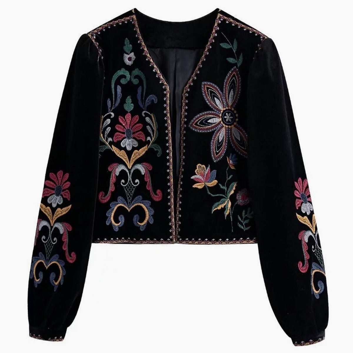 Women's Floral Embroidered Velvet Cropped Open-Front Jacket - Black