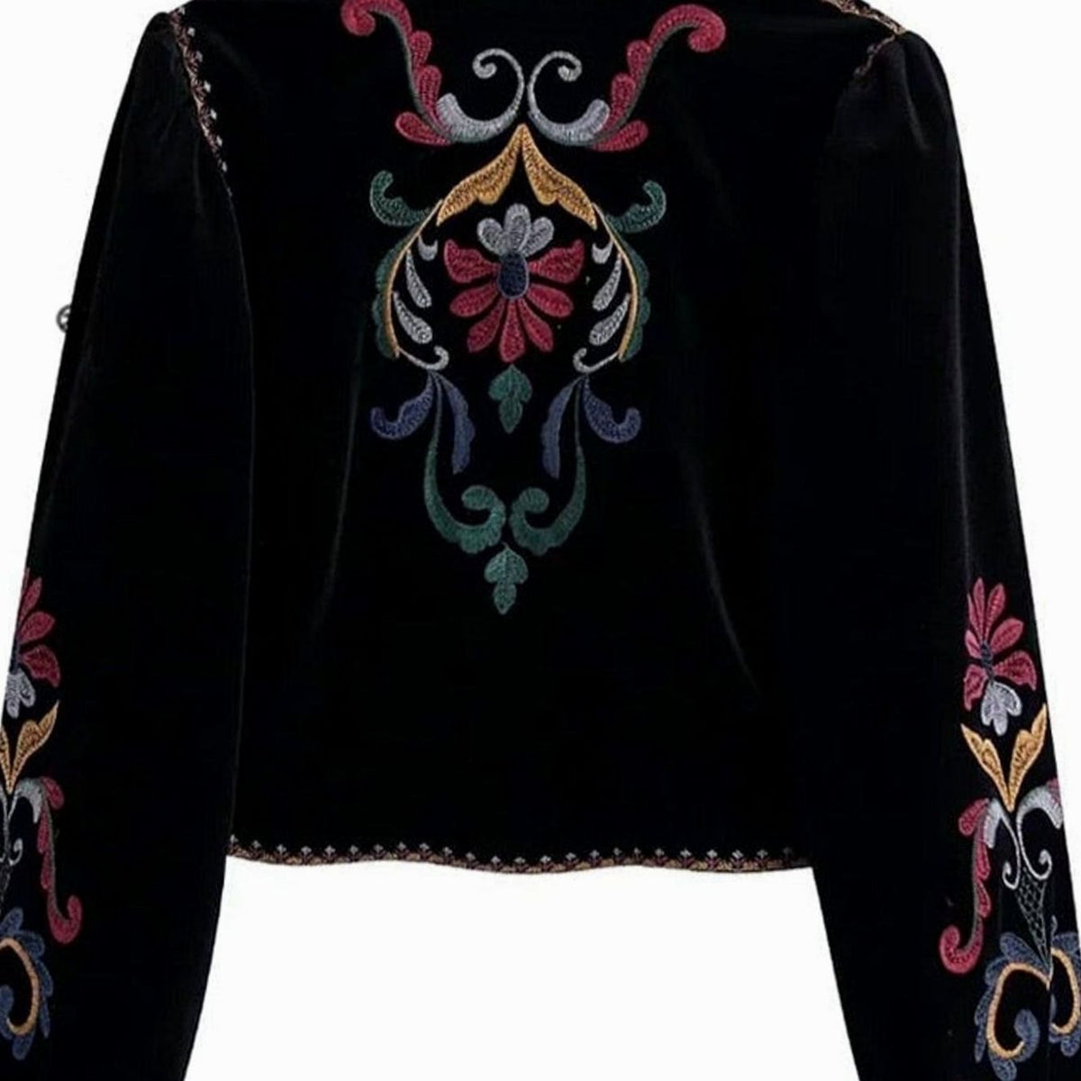 Women's Floral Embroidered Velvet Cropped Open-Front Jacket