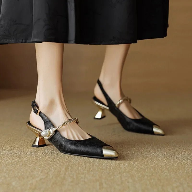 Women's Floral Jacquard Pointed-Toe Kitten Heel Slingback Sandals - Black