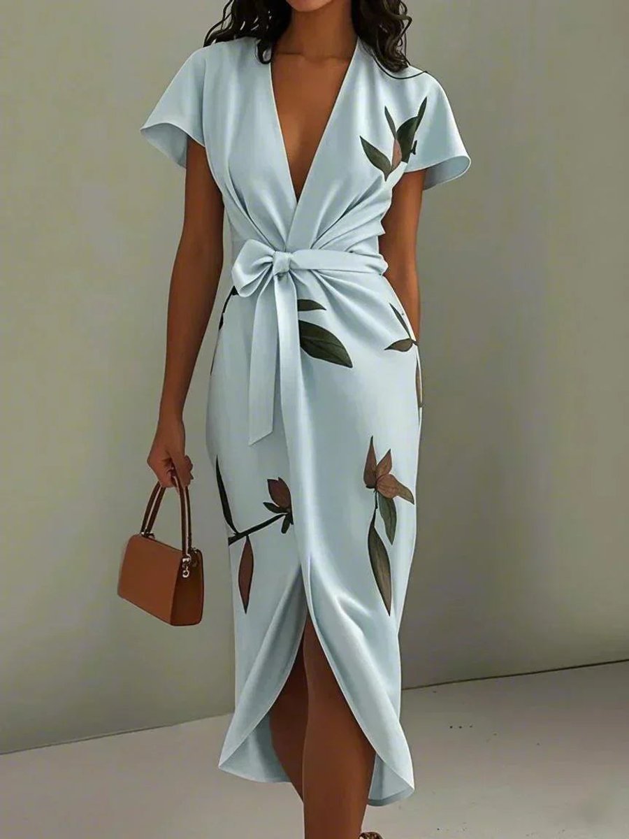 Women's Floral Leaf-Print V-Neck Belted Wrap Midi Dress - Light Blue