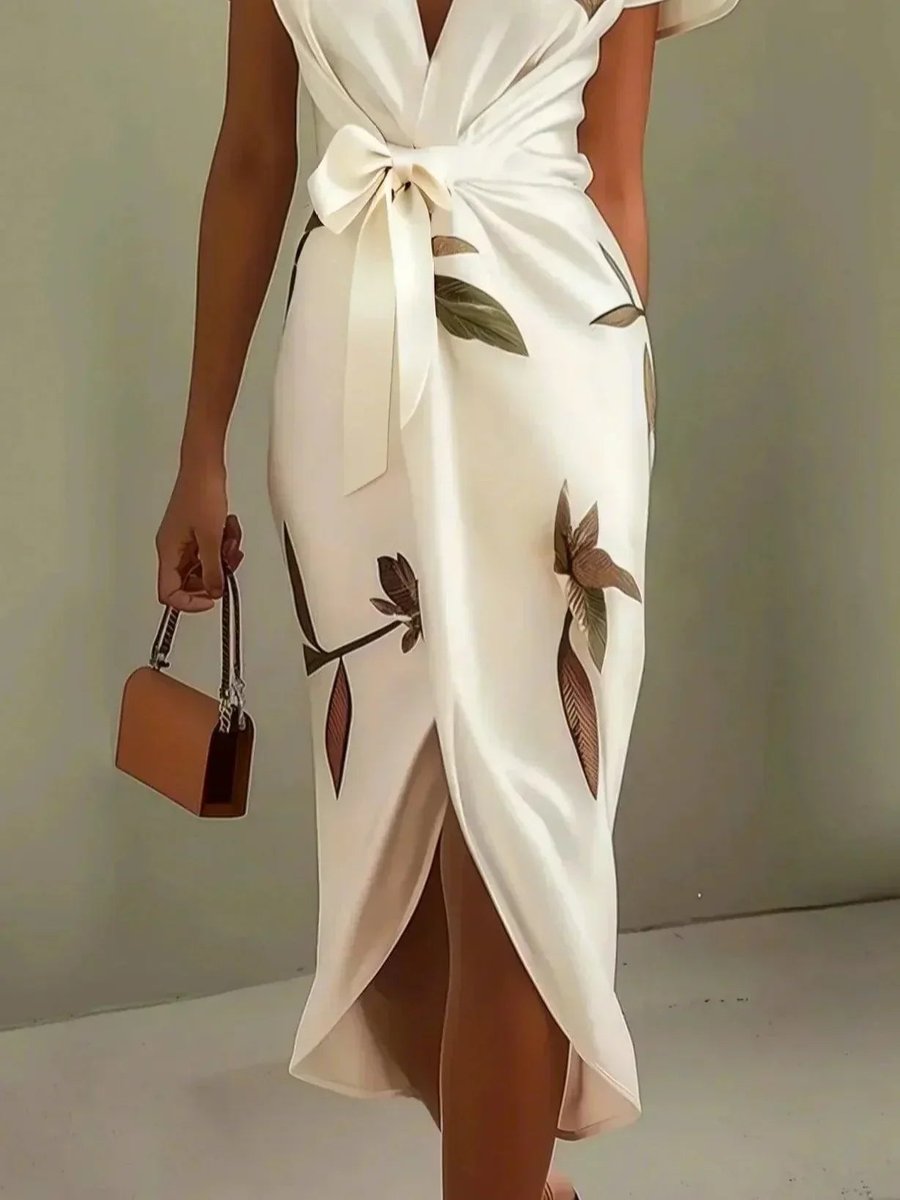 Women's Floral Leaf-Print V-Neck Belted Wrap Midi Dress