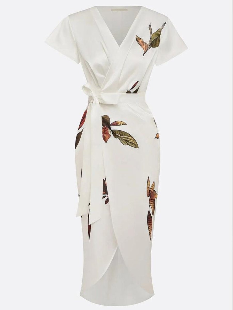 Women's Floral Leaf-Print V-Neck Belted Wrap Midi Dress