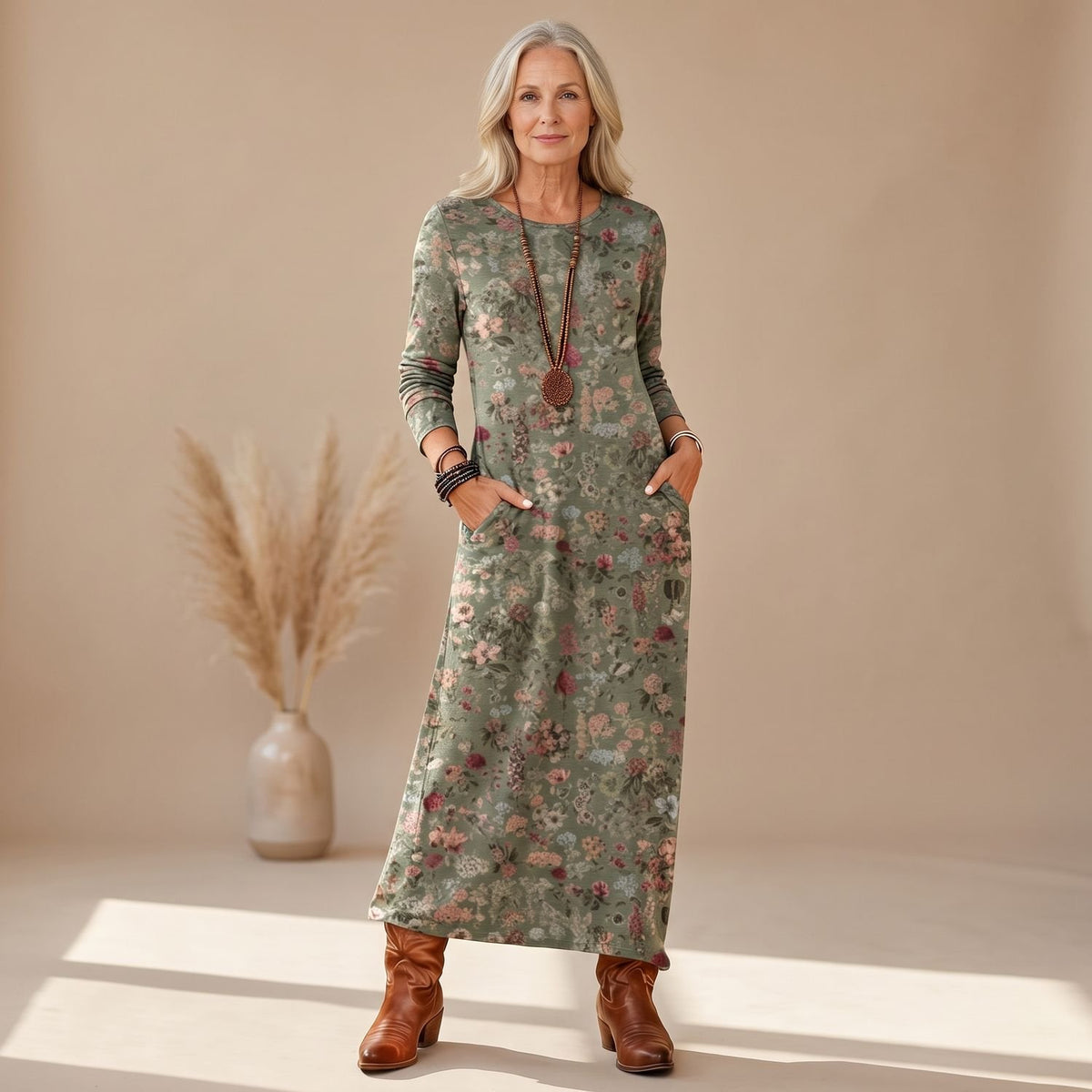 Women's Floral Long-Sleeve Relaxed Maxi Dress Pockets - Multicolor