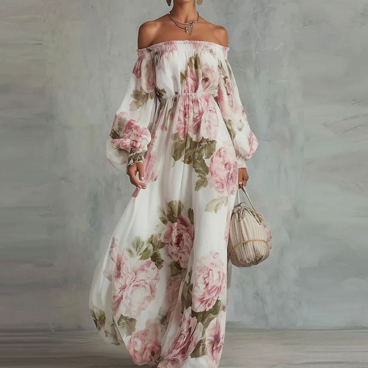 Women's Floral Off-Shoulder Long Sleeve Maxi Dress