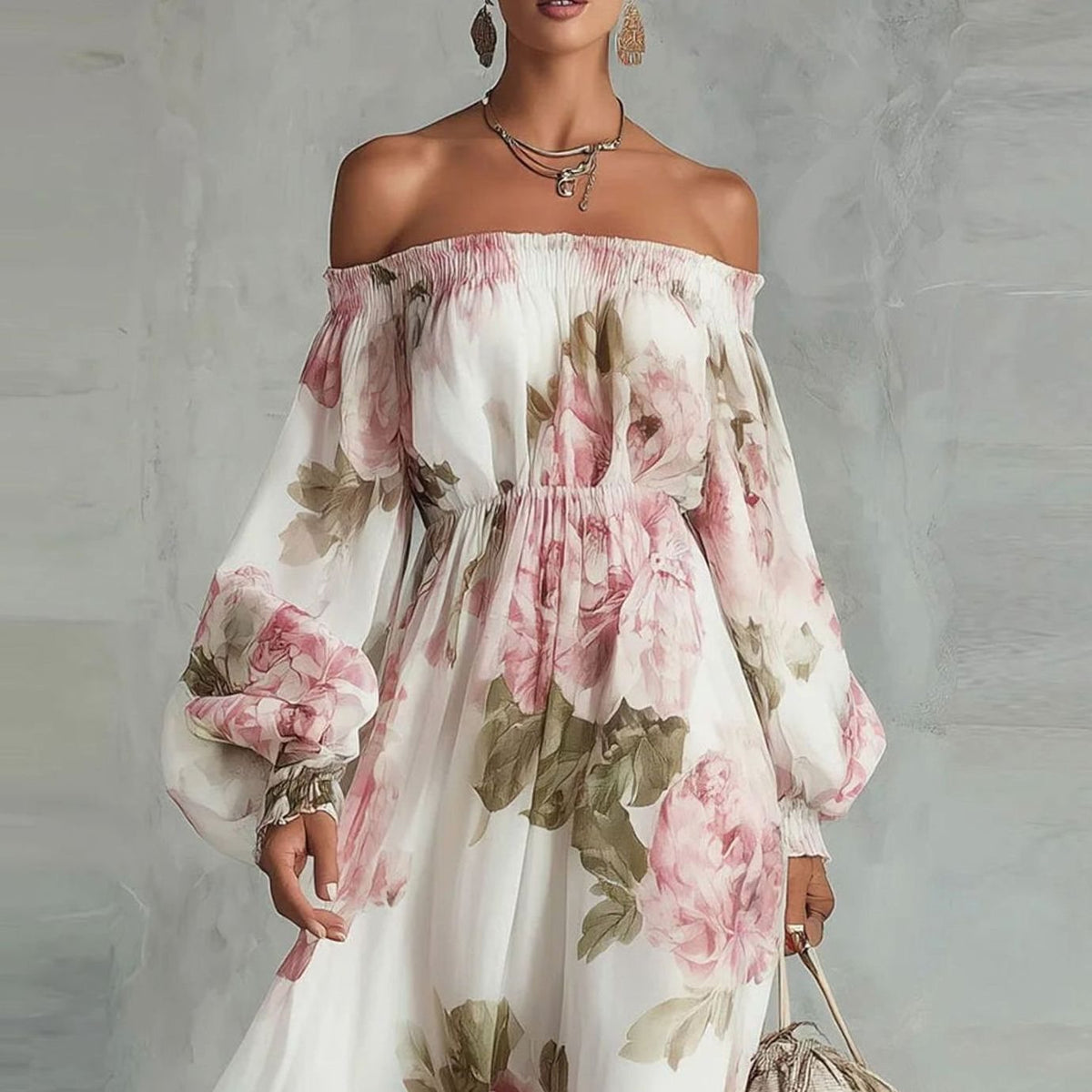 Women's Floral Off-Shoulder Long Sleeve Maxi Dress