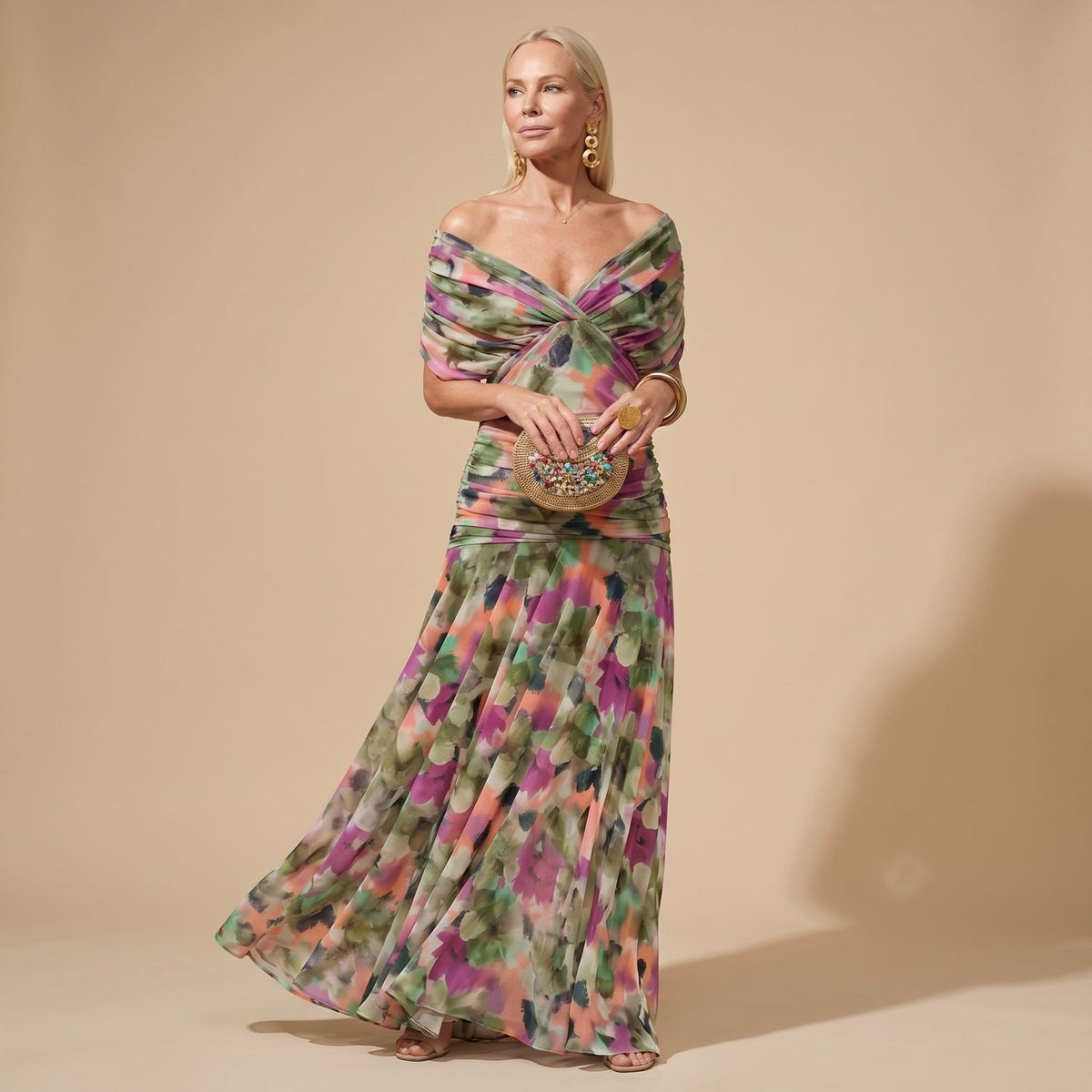 Women's Floral Off-Shoulder Ruched Maxi Formal Dress - Multicolour