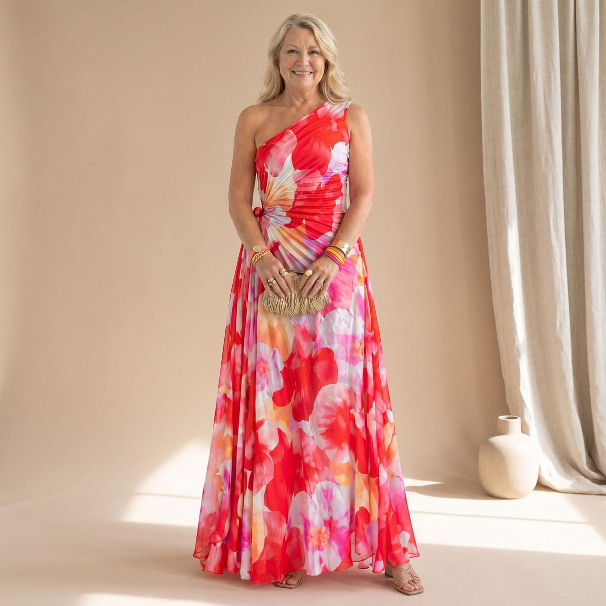 Women's Floral One-Shoulder Pleated Maxi Dress