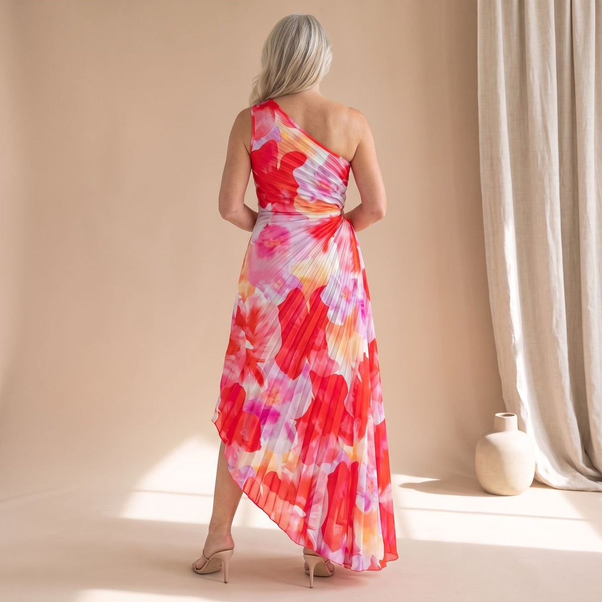Women's Floral One-Shoulder Pleated Maxi Dress