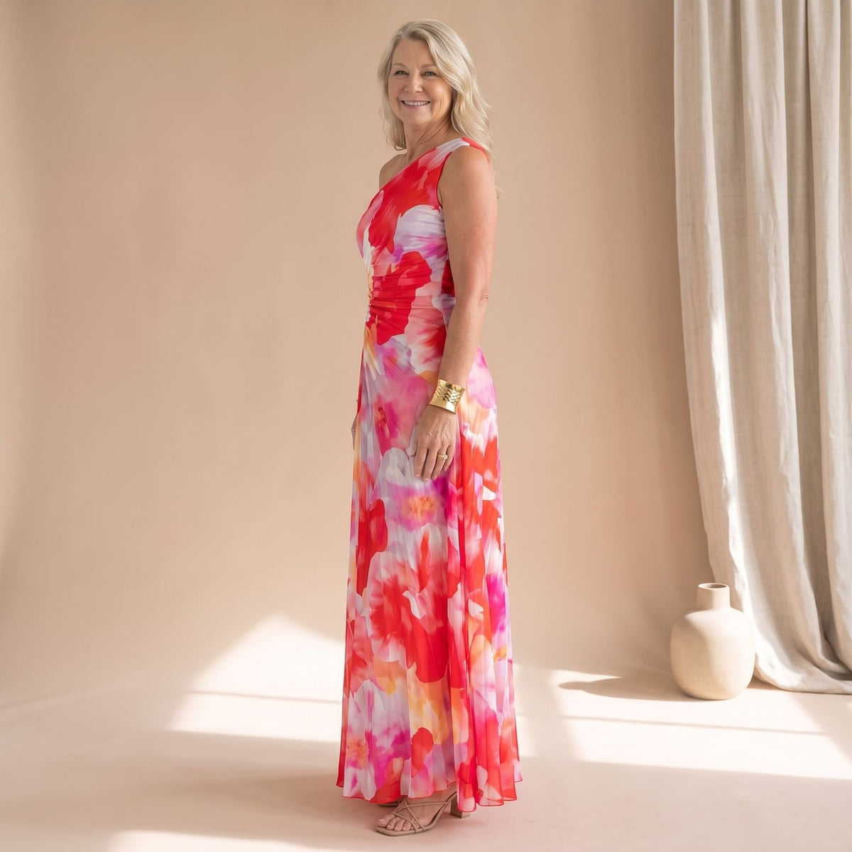 Women's Floral One-Shoulder Pleated Maxi Dress