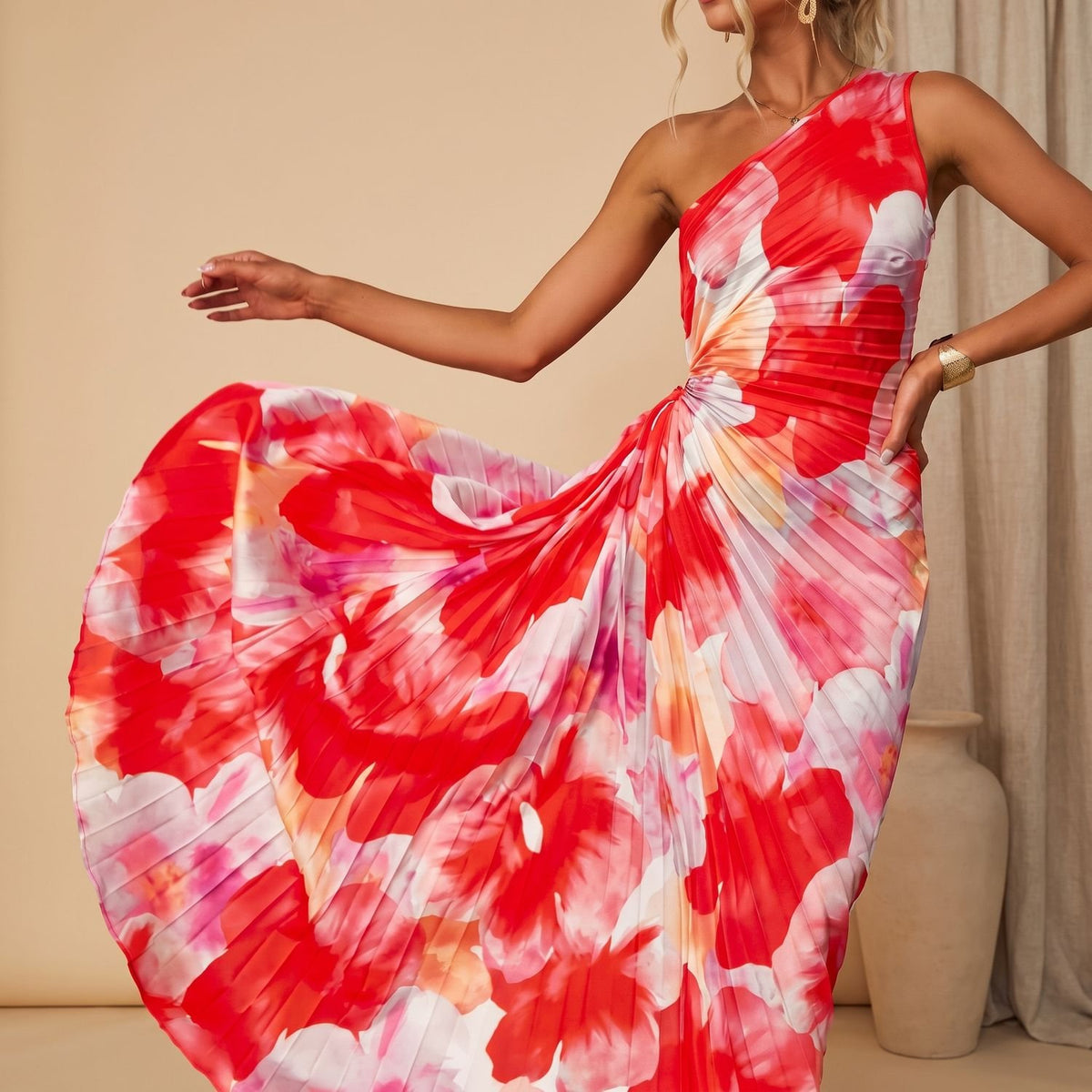 Women's Floral One-Shoulder Pleated Maxi Dress