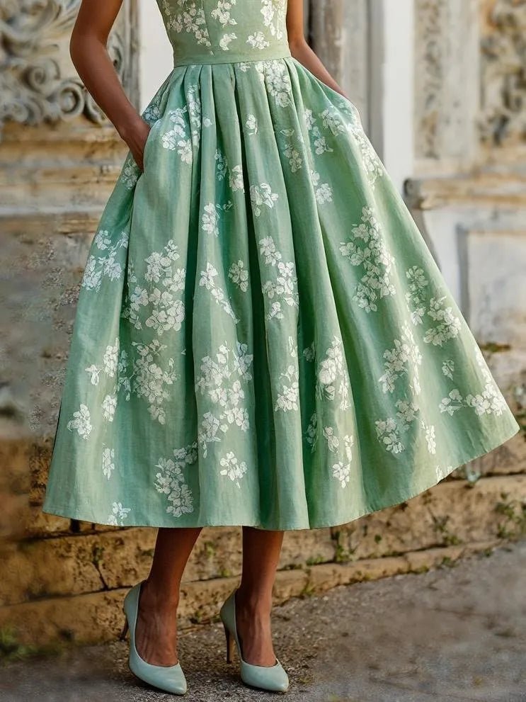 Women's Floral Pleated A-Line Sleeveless Midi Dress