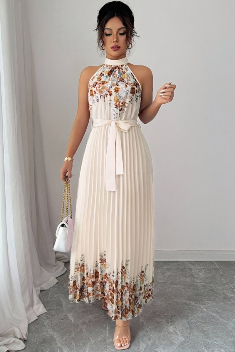 Women's Floral Pleated Halter Evening Gown Maxi Dress - Apricot