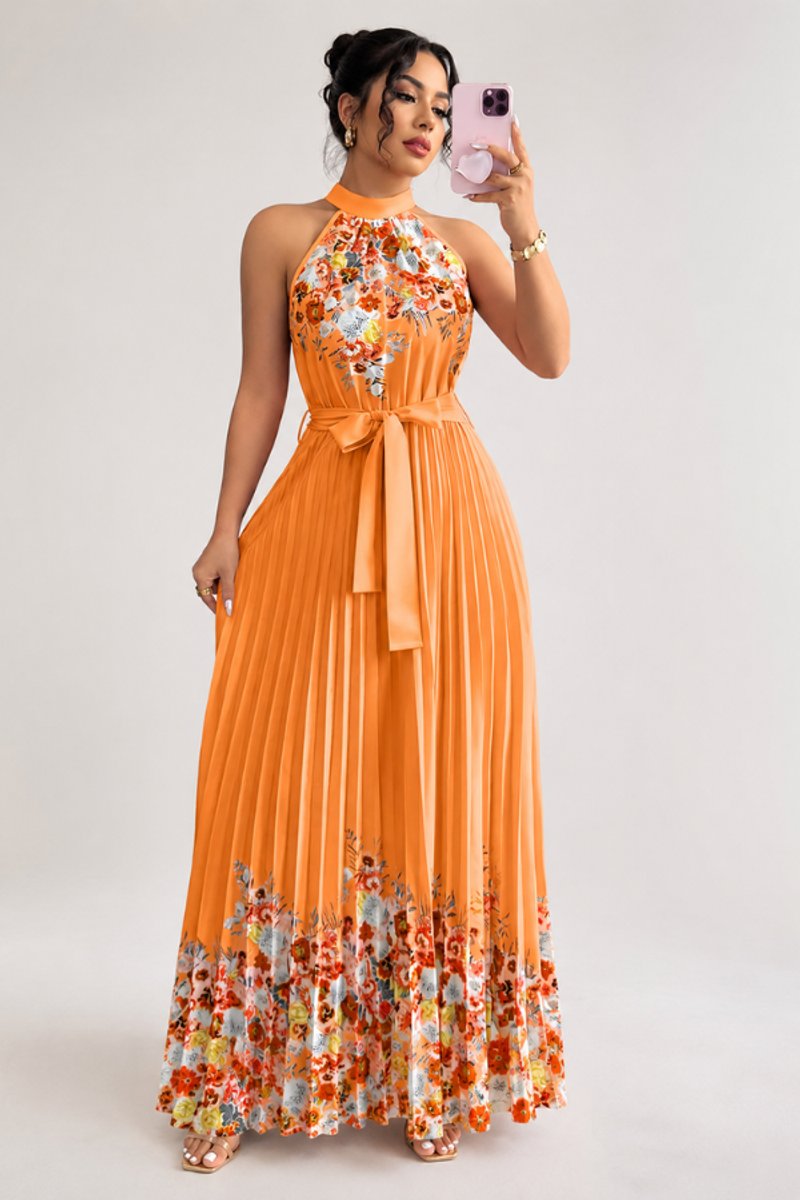 Women's Floral Pleated Halter Evening Gown Maxi Dress - Orange