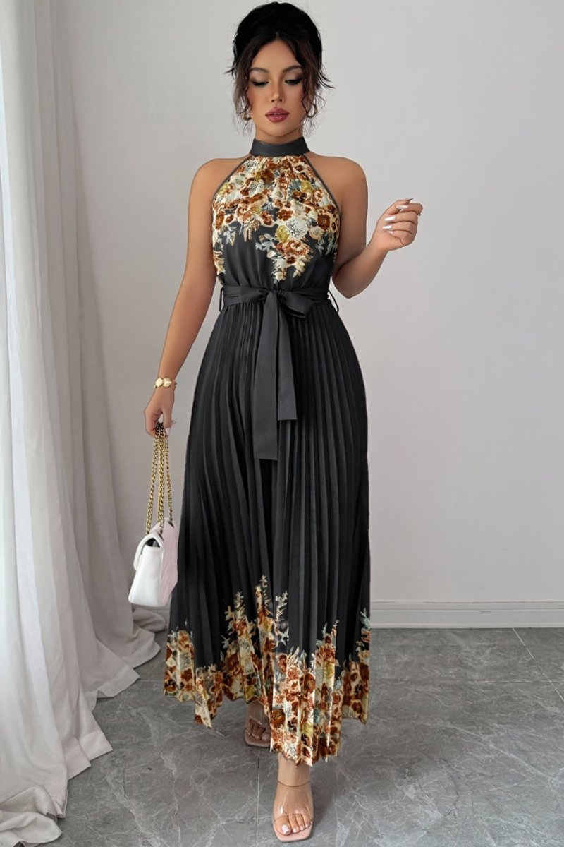 Women's Floral Pleated Halter Evening Gown Maxi Dress - Black Bottom Coffee Flower