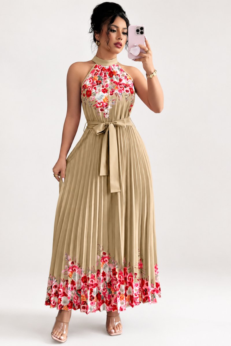Women's Floral Pleated Halter Evening Gown Maxi Dress - Khaki