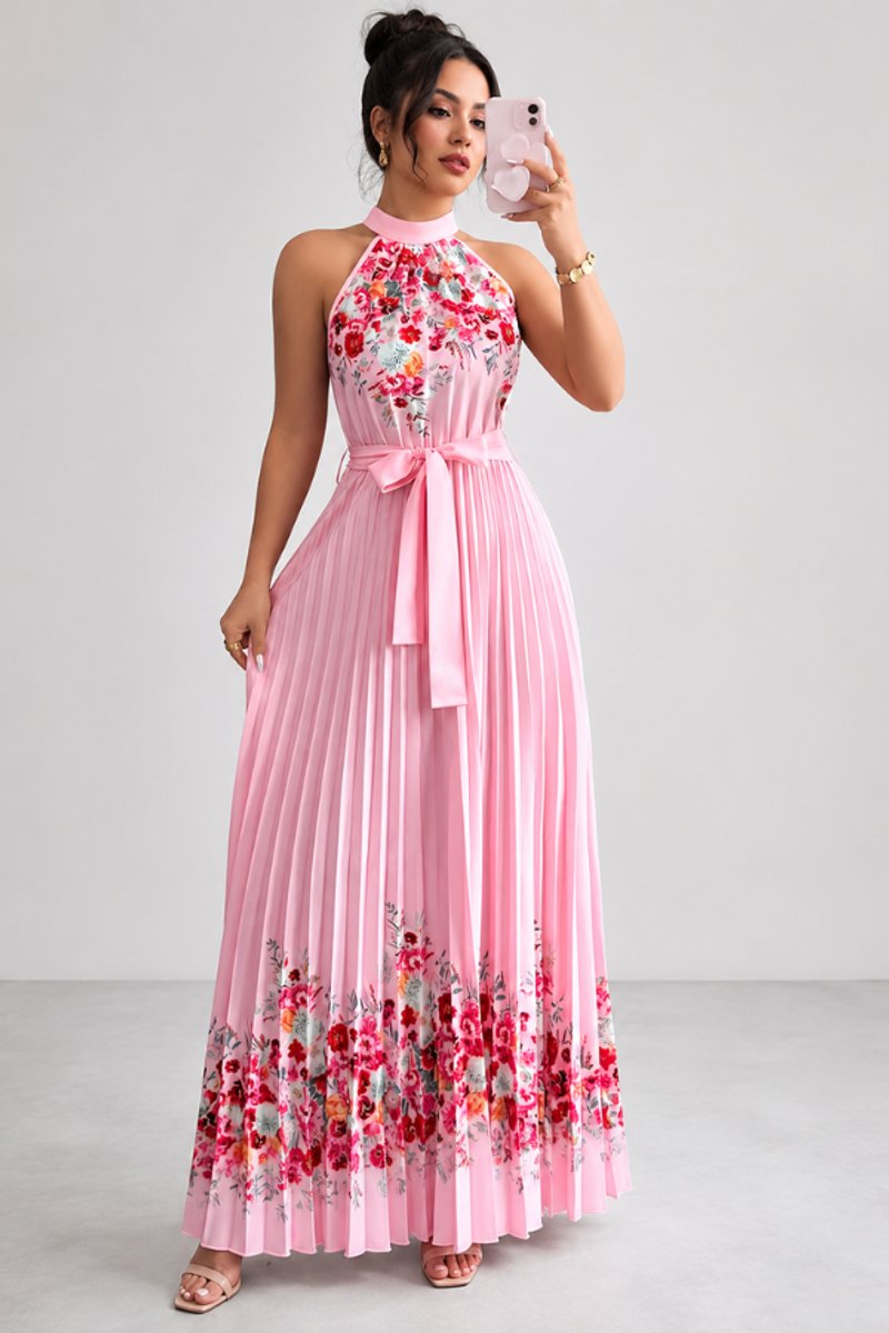 Women's Floral Pleated Halter Evening Gown Maxi Dress