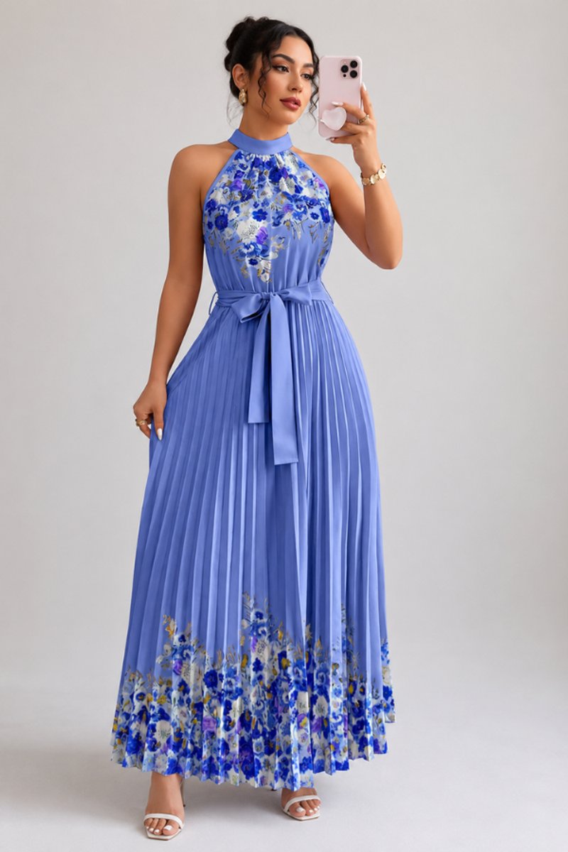 Women's Floral Pleated Halter Evening Gown Maxi Dress - Dark Blue