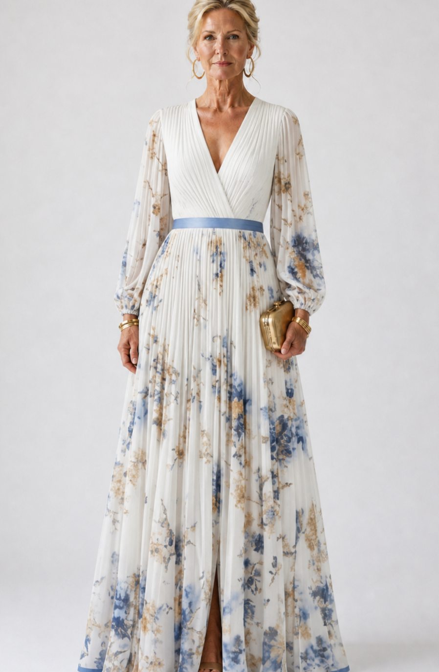 Women's Floral Pleated Long Sleeve V-Neck Maxi Dress