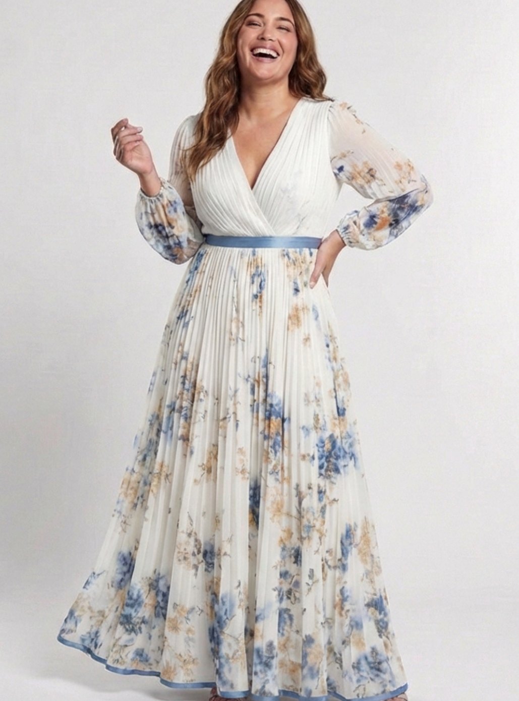 Women's Floral Pleated Long Sleeve V-Neck Maxi Dress