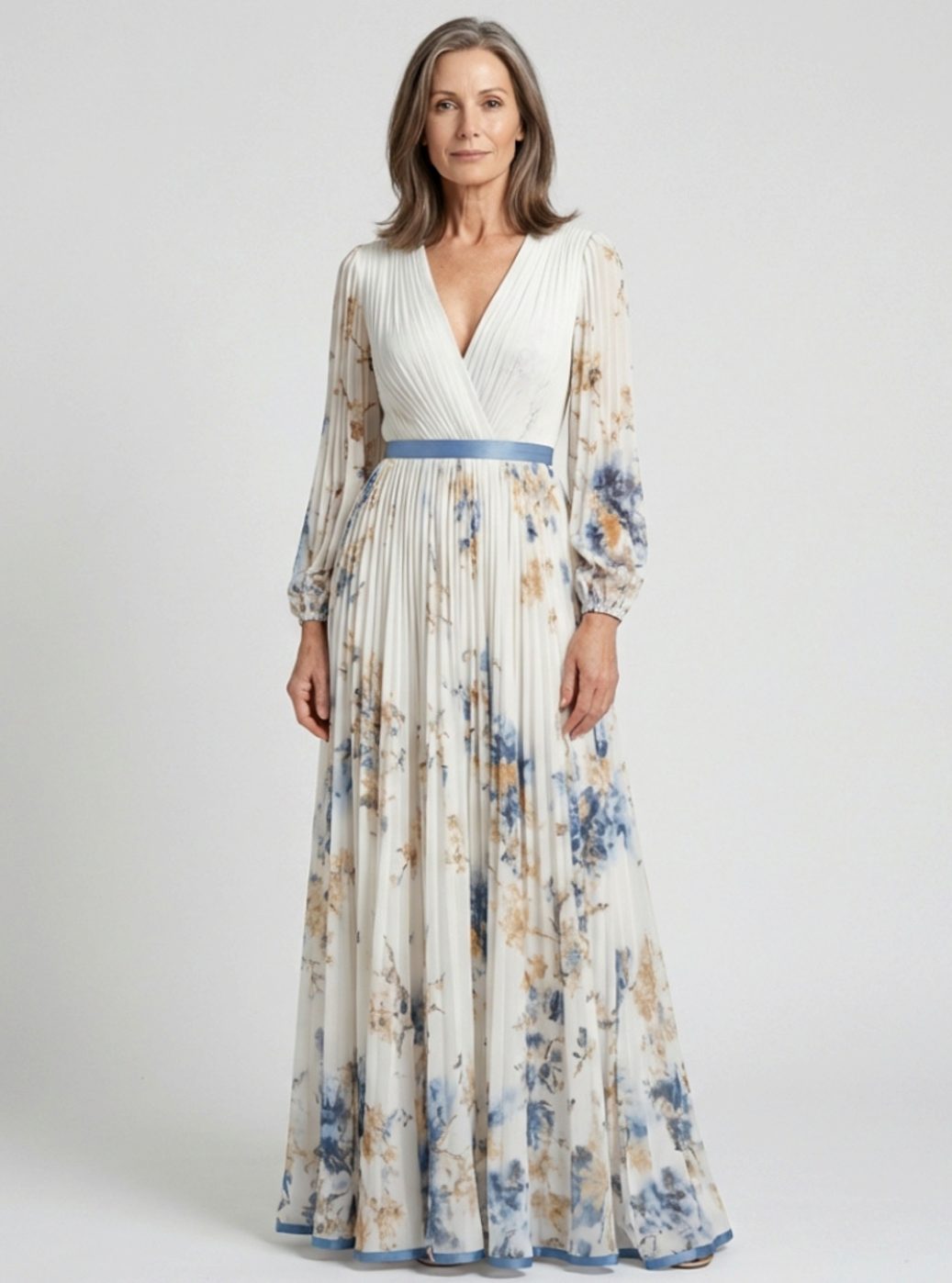 Women's Floral Pleated Long Sleeve V-Neck Maxi Dress - Floral