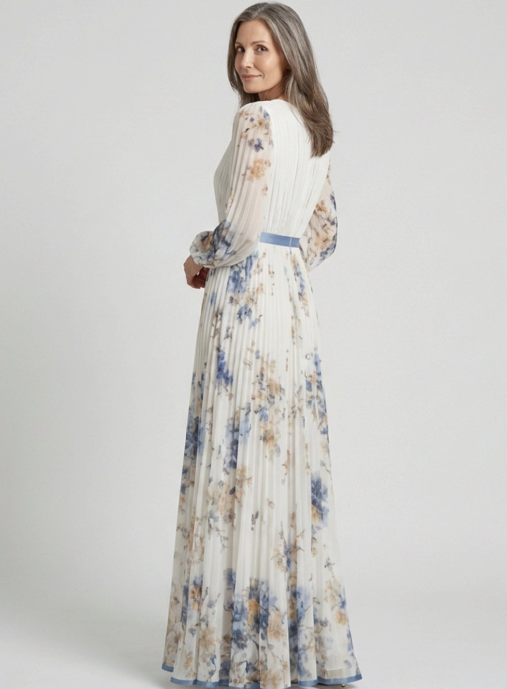 Women's Floral Pleated Long Sleeve V-Neck Maxi Dress