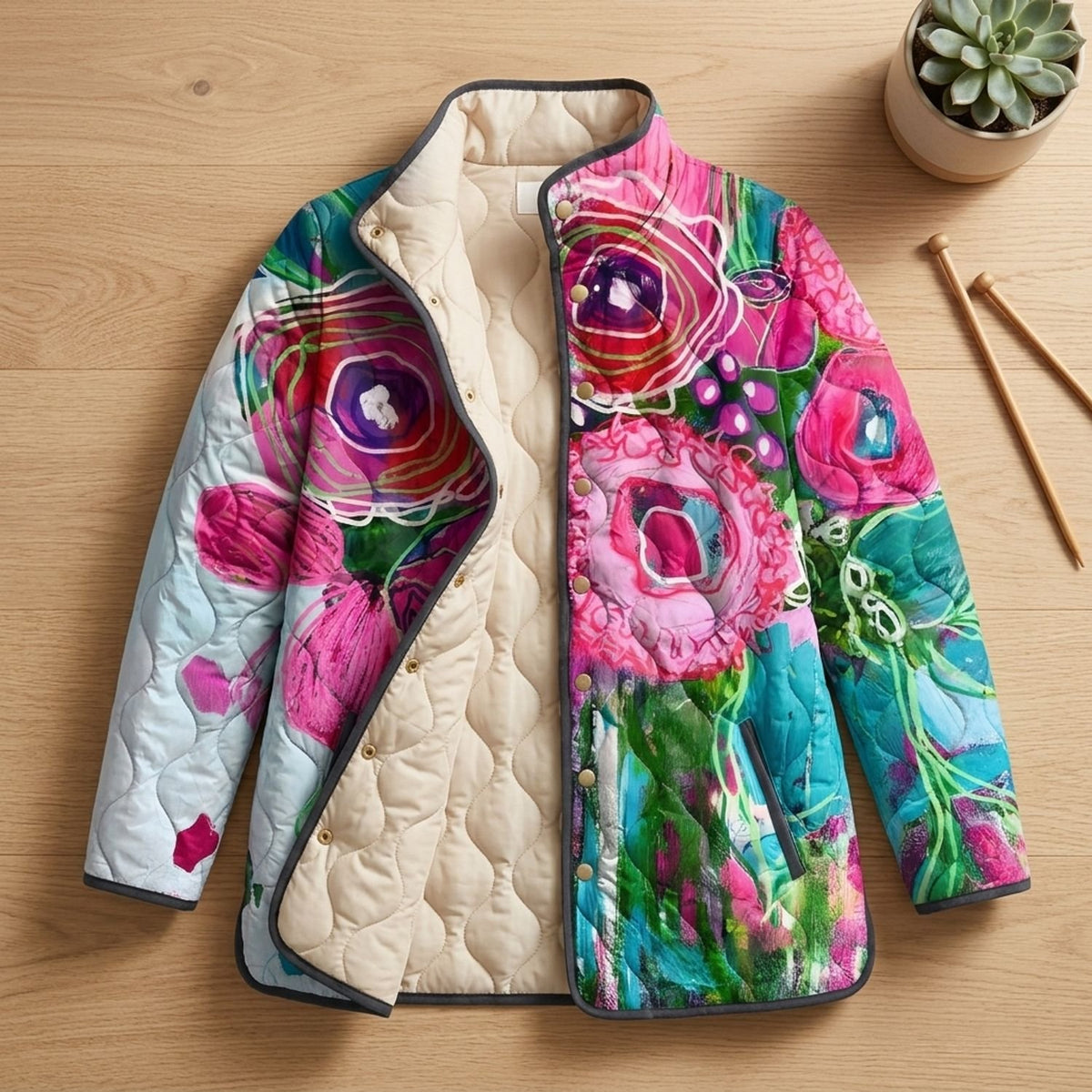 Women's Floral Print Lightweight Quilted Jacket - Multicolour Flower