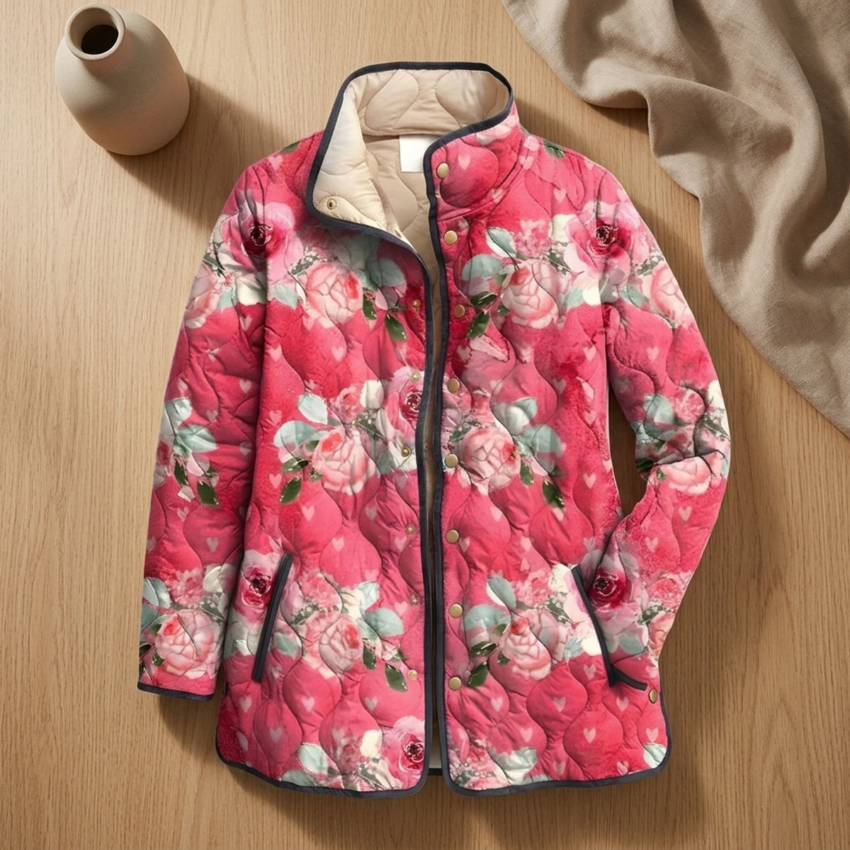 Women's Floral Print Lightweight Quilted Jacket - Pink