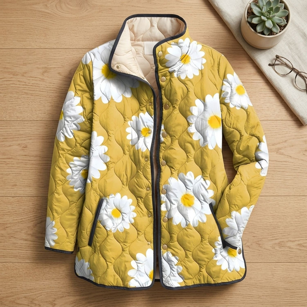 Women's Floral Print Lightweight Quilted Jacket - Yellow