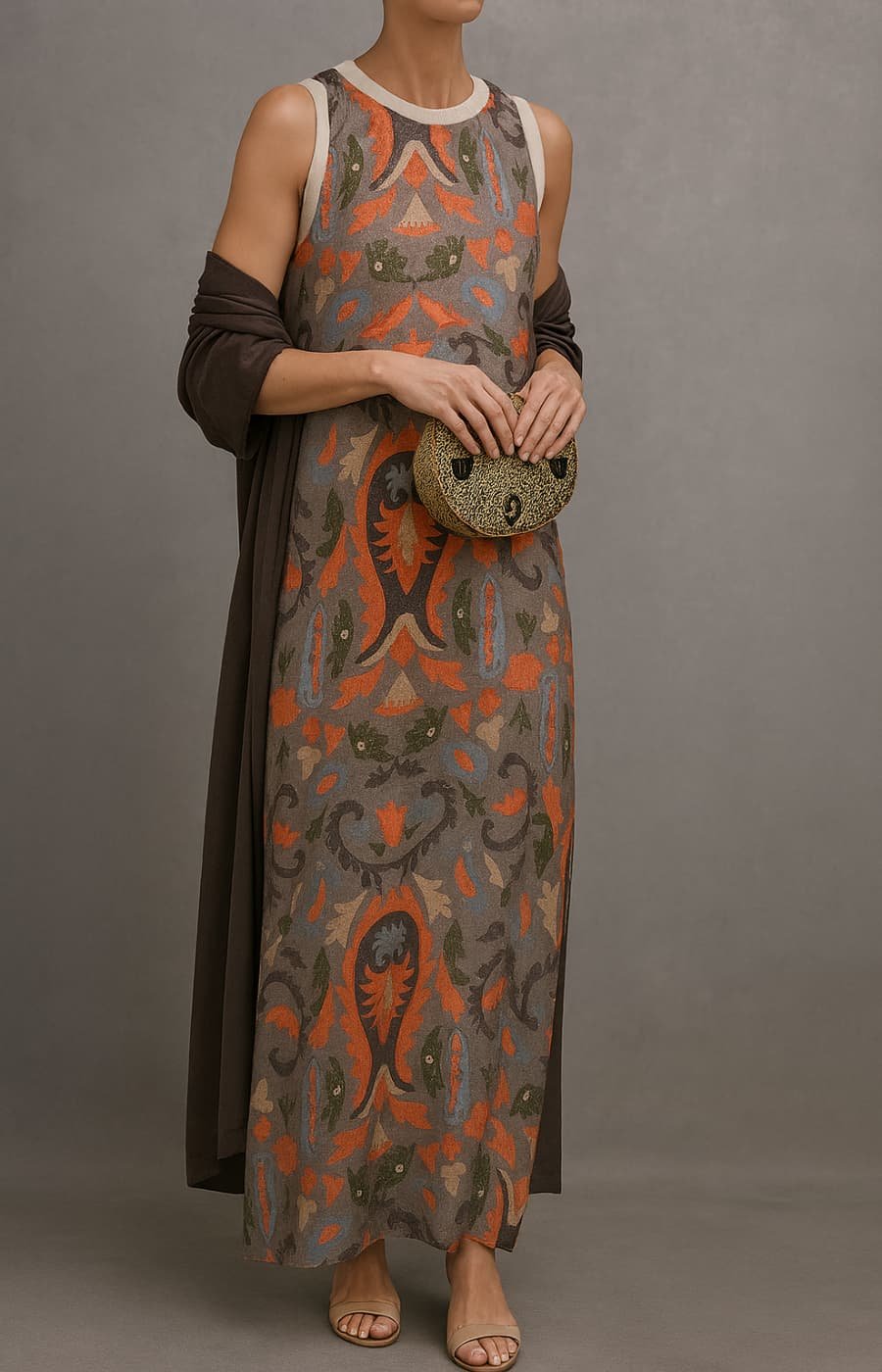 Women's Floral Print Sleeveless Maxi Dress Shawl Set - Gray