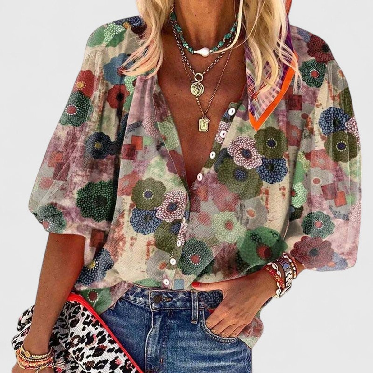 Women's Floral Print V-Neck Button-Up Relaxed Fit Blouse - Green