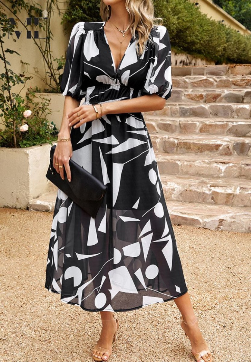 Women's Floral Puff Sleeve V-Neck Midi Dress
