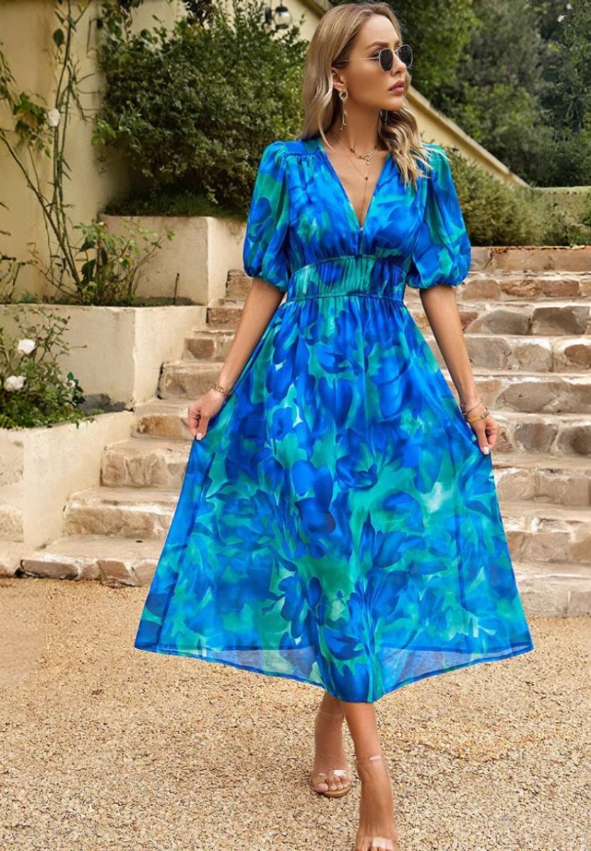 Women's Floral Puff Sleeve V-Neck Midi Dress